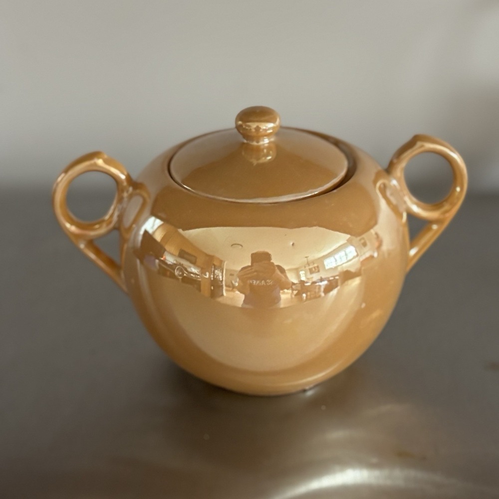 Vintage Orange Yellow Gold Luster ware Iridescent Teapot And Sugar Made In Japan - Picture 12 of 16